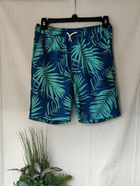 Blue Crown Boys Teal/Aqua Tropical Palm Leaf Swim Shorts Size XL